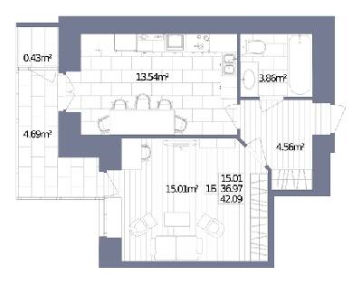 1-комнатная 42.09 м² в ЖК Oliva от 19 000 грн/м², г. Горишние Плавни