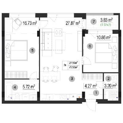 2-комнатная 70.56 м² в ЖК PARKTOWN от 23 000 грн/м², пгт Гостомель