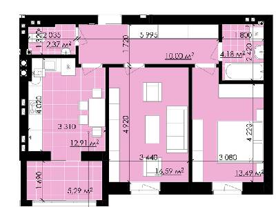 2-комнатная 64.82 м² в ЖК Галицкие Витражи от застройщика, г. Радехов