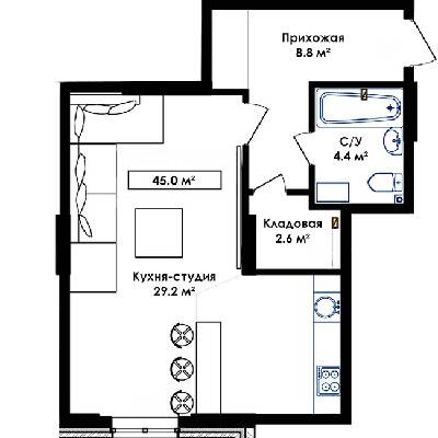 1-комнатная 45 м² в ЖК Янтарный от 17 800 грн/м², с. Иличанка