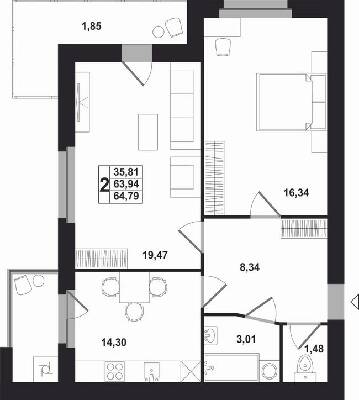 2-кімнатна 64.79 м² в ЖК Марлон від забудовника, Львів