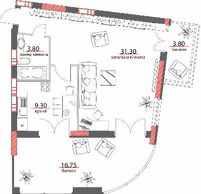 1-комнатная 64.95 м² в ЖК на ул. Шевченко, 96а от 31 550 грн/м², Полтава