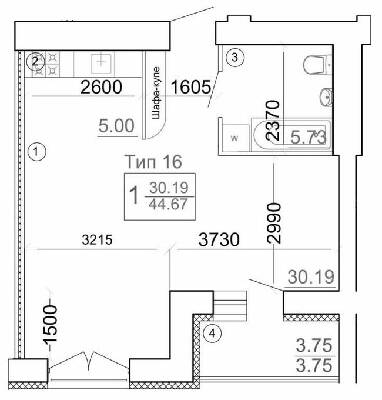 1-комнатная 44.67 м² в Мкрн Академический от 16 450 грн/м², Винница