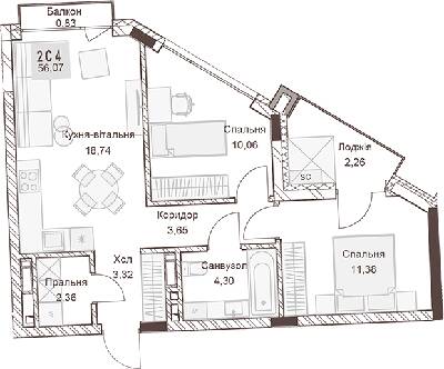 2-комнатная 56.07 м² в ЖК Pokrovsky Apart Complex от 31 550 грн/м², Ровно