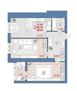 2-кімнатна 65.43 м² в ЖК Затишний від 14 900 грн/м², Чернігів