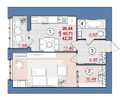 1-кімнатна 42.35 м² в ЖК Затишний від 14 500 грн/м², Чернігів