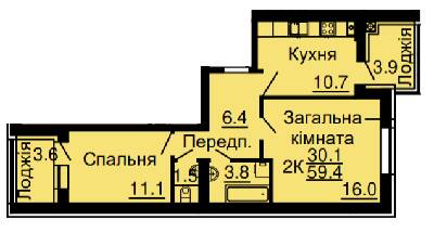 2-комнатная 59.4 м² в ЖК Львовский затышок (Львовский маеток) от 20 600 грн/м², с. Софиевская Борщаговка