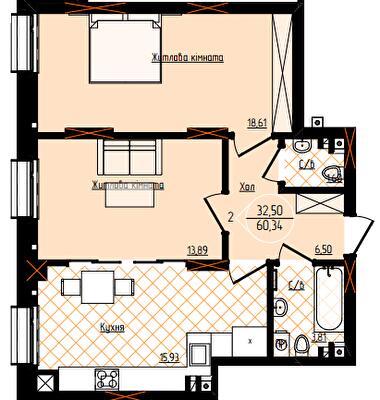 2-кімнатна 60.34 м² в ЖК Янтарний від 24 050 грн/м², Чернівці