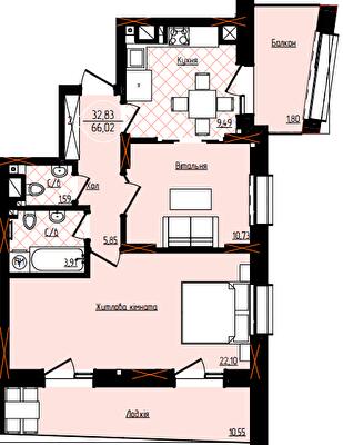 2-комнатная 66.02 м² в ЖК Янтарный от 24 050 грн/м², Черновцы