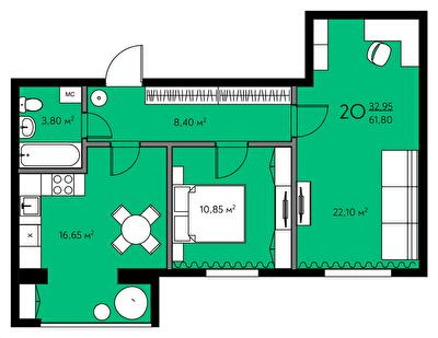 2-комнатная 61.8 м² в ЖК Молодежный городок от 17 000 грн/м², с. Крюковщина