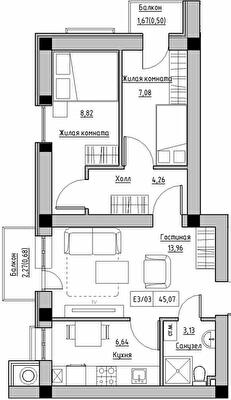 2-кімнатна 45.07 м² в ЖК KEKS від 20 200 грн/м², смт Авангард