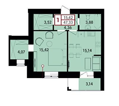 1-комнатная 47.33 м² в ЖК Вишневый от 13 000 грн/м², Хмельницкий