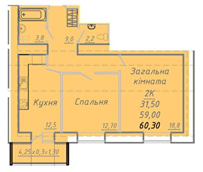 2-комнатная 60.3 м² в ЖК на ул. Никитченко, 3 от 17 400 грн/м², Полтава