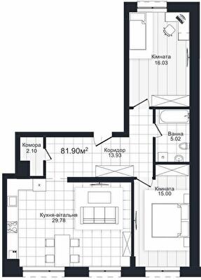 2-кімнатна 81.9 м² в ЖК Compass від 23 450 грн/м², Чернівці