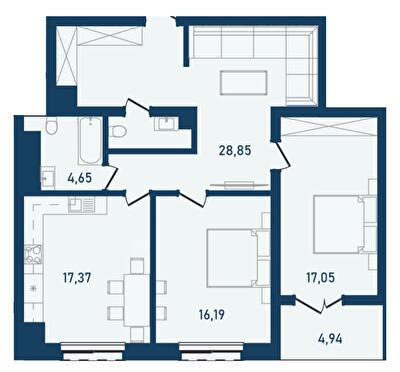 2-кімнатна 91.47 м² в ЖК Престижний 2 від 21 750 грн/м², Чернівці