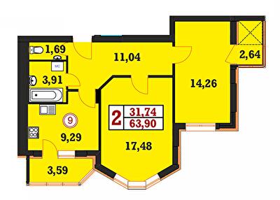 2-кімнатна 63.9 м² в ЖК Гетьманський від 18 200 грн/м², Хмельницький