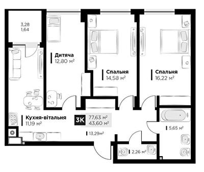 3-комнатная 77.63 м² в ЖК FEEL HOUSE от 22 100 грн/м², с. Сокольники