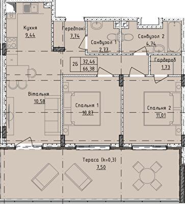 2-комнатная 66.38 м² в ЖК Приморские Сады от 20 500 грн/м², Одесса