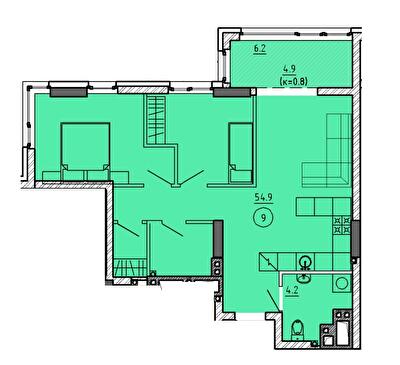 2-комнатная 64 м² в ЖК Городок от 23 550 грн/м², Днепр