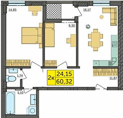 2-комнатная 60.32 м² в ЖК Амстердам от 18 500 грн/м², с. Струмовка