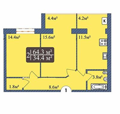 2-кімнатна 64.3 м² в ЖК Мрія від 14 500 грн/м², Чернігів