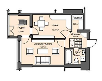 1-кімнатна 43.73 м² в ЖК Sky Hall від 25 850 грн/м², Рівне