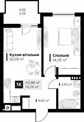 1-комнатная 43.88 м² в ЖК FEEL HOUSE от 26 900 грн/м², с. Сокольники