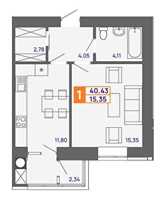 1-кімнатна 40.43 м² в ЖК Молодіжний від 15 600 грн/м², Хмельницький