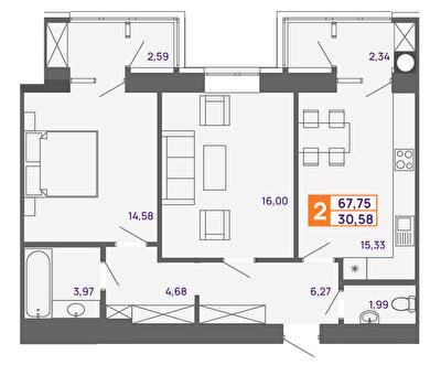 2-кімнатна 67.75 м² в ЖК Молодіжний від 15 000 грн/м², Хмельницький