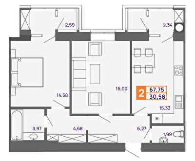 2-комнатная 67.75 м² в ЖК Молодежный от 15 000 грн/м², Хмельницкий