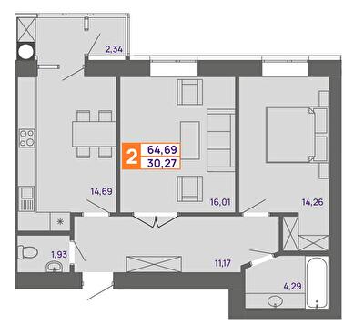 2-комнатная 64.69 м² в ЖК Молодежный от 15 000 грн/м², Хмельницкий