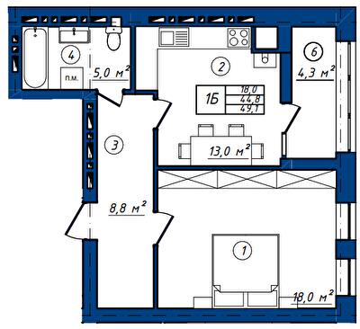 1-комнатная 49.1 м² в ЖК Солнечный от 16 500 грн/м², г. Васильков