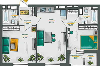 2-комнатная 63.87 м² в ЖК Сырецкие сады от 32 781 грн/м², Киев