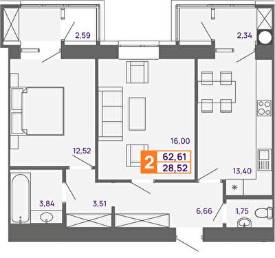 2-кімнатна 62.61 м² в ЖК Молодіжний від 15 000 грн/м², Хмельницький