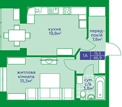 1-комнатная 46.9 м² в ЖК Квартал Парковый от 18 350 грн/м², г. Обухов