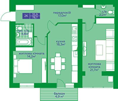 2-кімнатна 78.8 м² в ЖК Квартал Парковий від 15 450 грн/м², м. Обухів