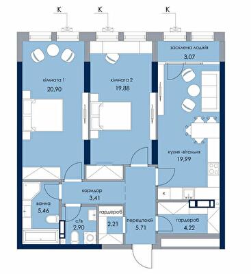 2-комнатная 88.75 м² в ЖК Новый Автограф от 43 450 грн/м², Киев