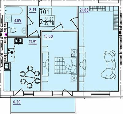 2-комнатная 61.27 м² в ЖК Парк Морской от 17 200 грн/м², г. Южное