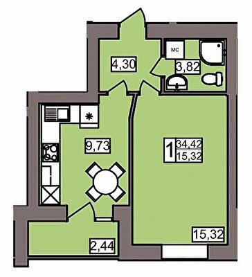 1-кімнатна 34.42 м² в ЖК Північний від 11 450 грн/м², Хмельницький