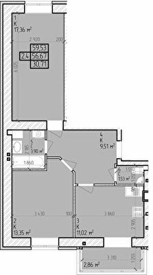 2-комнатная 59.53 м² в ЖК Центральный от 17 000 грн/м², г. Горишние Плавни