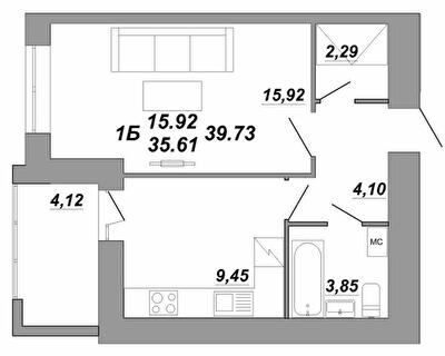 1-кімнатна 39.73 м² в ЖК Рідний Дім від 14 500 грн/м², Тернопіль