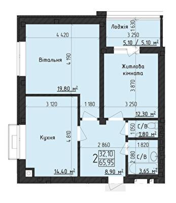 2-кімнатна 65.95 м² в ЖК Парковий Дім від 22 300 грн/м², Чернівці