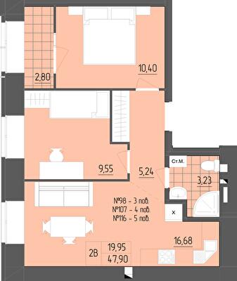 2-кімнатна 47.9 м² в ЖК ZigZag від 16 300 грн/м², Рівне