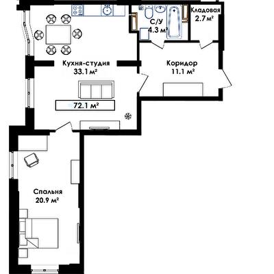 1-комнатная 72.1 м² в ЖК Янтарный от 17 800 грн/м², с. Иличанка