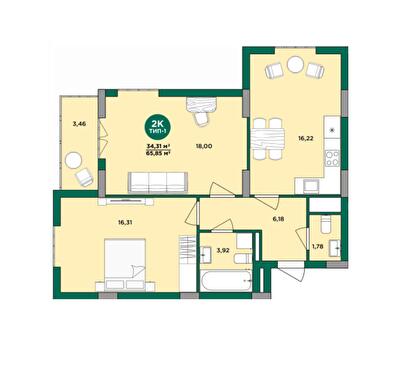 2-кімнатна 65.86 м² в ЖК Wellspring від 24 850 грн/м², м. Вишневе