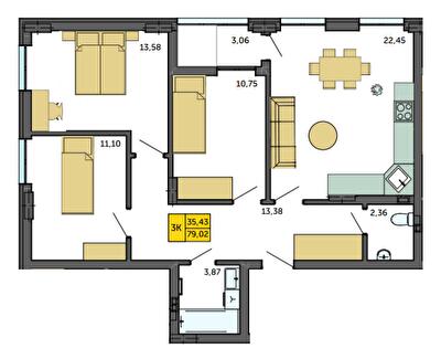 3-комнатная 79.02 м² в ЖК Амстердам от 20 000 грн/м², с. Струмовка