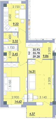 2-кімнатна 59.28 м² в ЖК Пелюстковий від 17 300 грн/м², Полтава