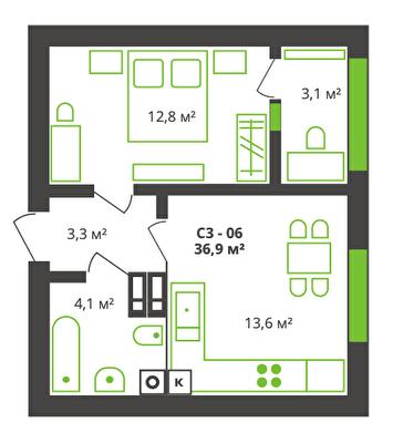 1-комнатная 36.9 м² в ЖК на ул. Франко, 21 от 21 850 грн/м², г. Борисполь