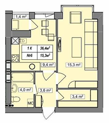 1-кімнатна 36.4 м² в ЖК Гудвіл від 18 800 грн/м², с. Хотів
